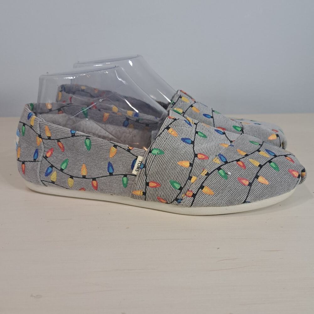 Toms Corduroy Grey Christmas Light Slip on Holiday Shoes Women's Size 8 - Picture 2 of 10